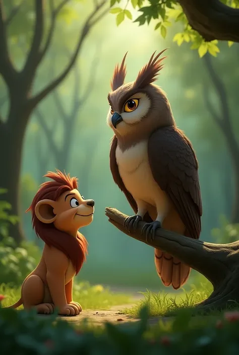 An old and wise owl perched on a branch ,  of a tree with Léo, a small and fearful lion, looking at it with attention and curiosity. Disney 3D style 