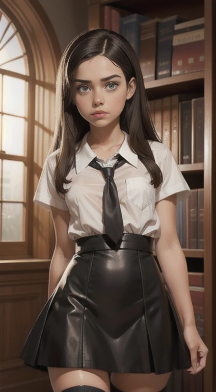 cute beautiful schoolgirl ,  beautiful cute teen face ,  black leather sundress, transparent white blouse,  short sleeves , brunette long hair, beautiful eyes. stockings,  schoolgirl - standing in the library , photorealistic, sad face,e