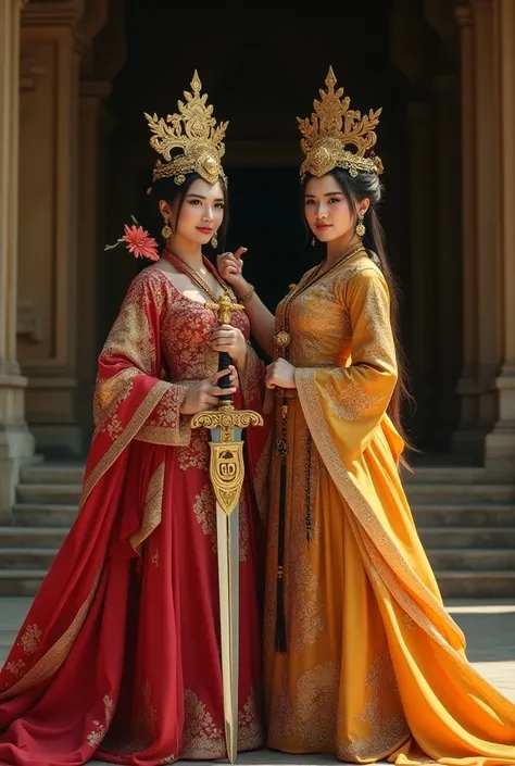 2 beautiful Indonesian women ,  dressed in shades of the princess of the queen of japan ,  wearing sparkling gold crowns ,  are posing captivating a focused view of the foreground  , carrying a sword and shield inscribed  "pec" in tune,  against the backgr...