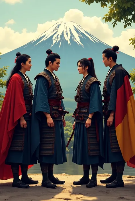 Create a group of friends with four people in Japan in a samurai outfit with Germany flag cape 