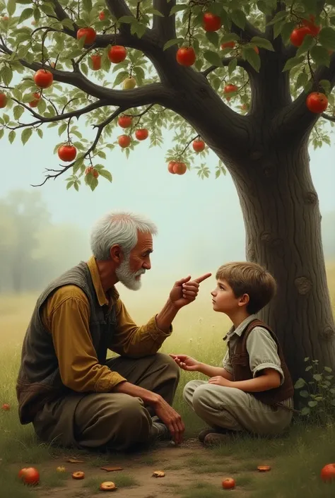  Image of a white old man  ,  dressed in farm clothes  ,  with a gentle face  , benevolence  ,  sitting with one hand pointing at the apple tree without fruit one hand rubbing the head of a  boy , boy in white trousers  ,  sitting next to an apple tree wit...