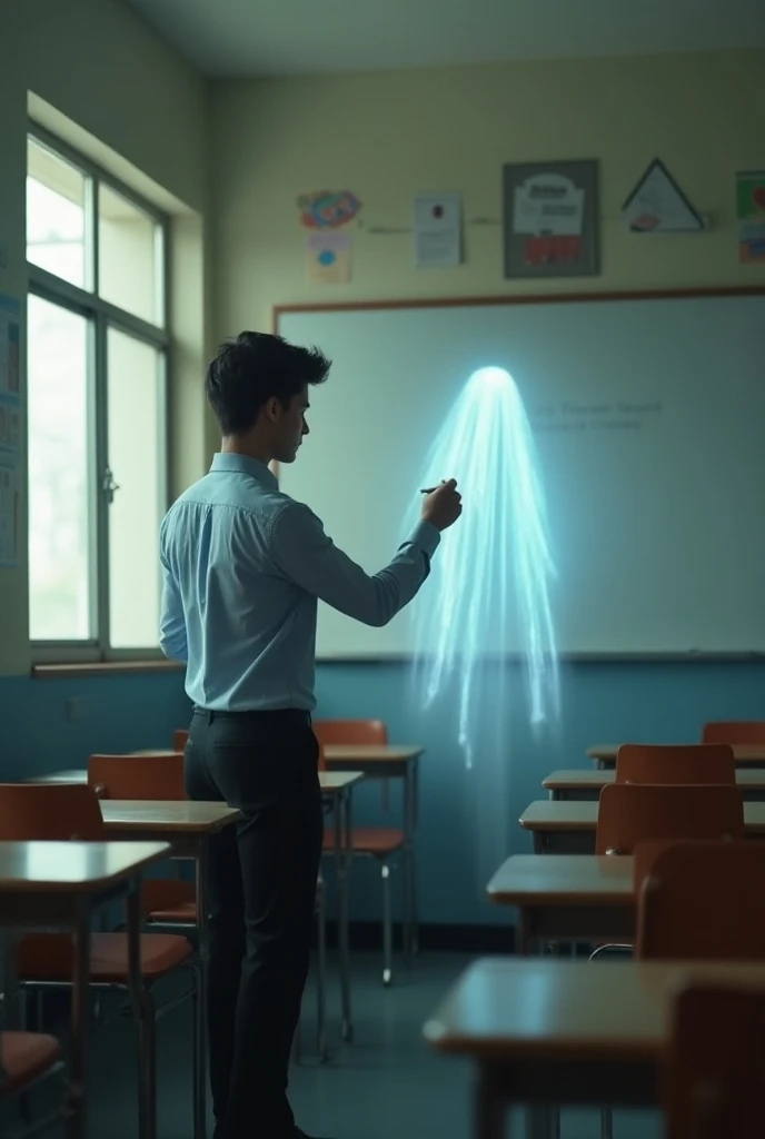 A handsome highschool boy standing in front, in front of the class, writing on the witeboard, a handsome ghost beside him, the camera behind his back, a little above him, Wide and far camera shot, realistic photography.