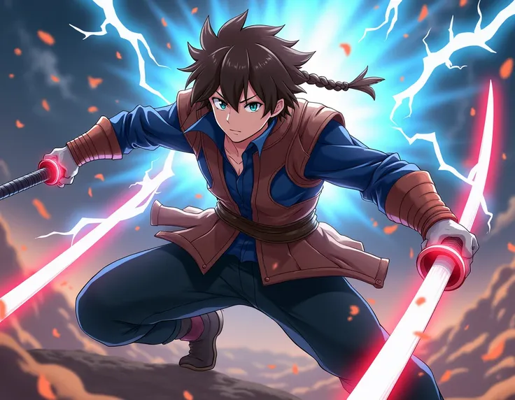 Medium-sized male anime character ,   short brown hair with a braid lock . Using two swords with thunder powers .  Brown clothes with blue and red details and black pants.