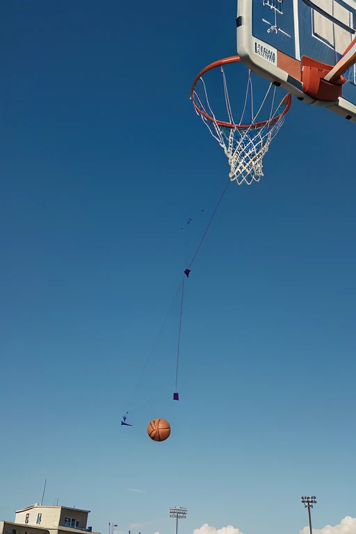  Image of a basketball in the air , following a parabolic trajectory .  Above the ball there is a symbol that represents the subject of physics,  such as a mathematical formula or a diagram .