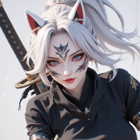 anime inspired sword art online, 1 woman,   pure white hair,  open mask on hair , fox mask , black suit,  with sword in back pod...