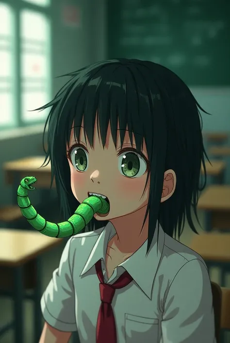 A green worm parasite that reveals itself in the ear hole of a school girl.( that is possessed by that parasite)Japanese style