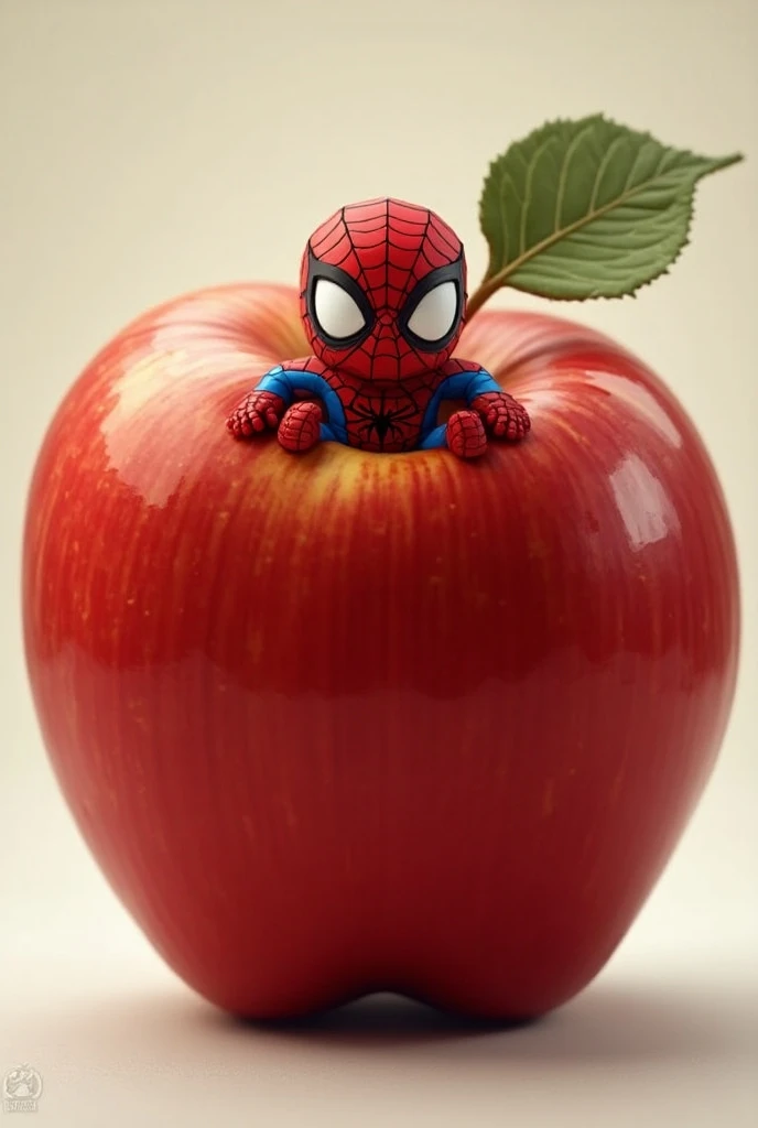 Create an ai image where a baby Spider-Man  is poping out from huge red apple 