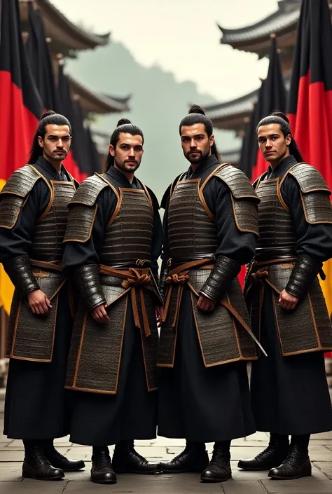 Create a group of friends with four males in Japan in a samurai outfit with Germany flags in black red gold cape 