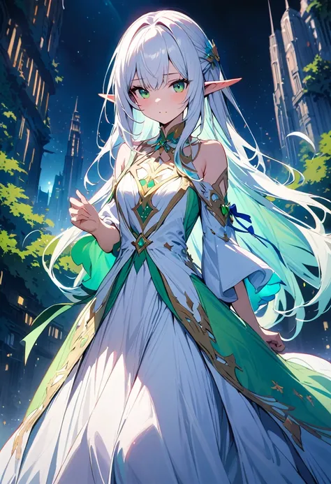 Elf girl, white hair, green eyes, gorgeous white beautiful fantasy colourful elven long gown with embroidery and green outlines, ribbons, forest city, night sky, stern emotion, natural, masterpiece, best quality, dreamlike charming