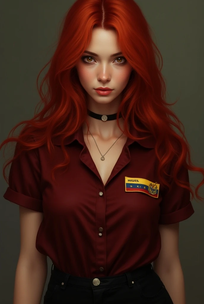  Beautiful girl with red hair styled with loose hair , yellow circled eyes ,  white skin, dressed in a wine-red shirt with Venezuela badge and black pants 