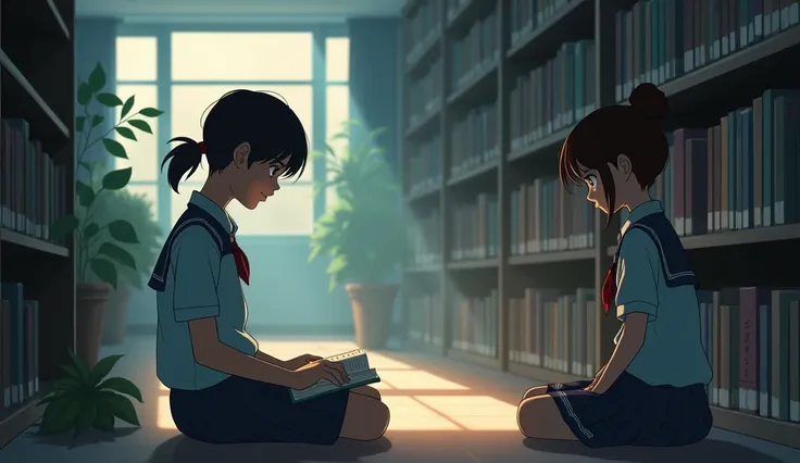 A boy named aayush is looking at a girl in school uniform sitting in a library reading a book from far away anime style 