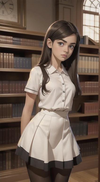 cute beautiful schoolgirl ,  beautiful cute teen face , black skater leather sundress, transparent white blouse,  short sleeves , curvy figure, brunette long hair, beautiful eyes. stockings,  schoolgirl - standing in the library , photorealistic, sad face 