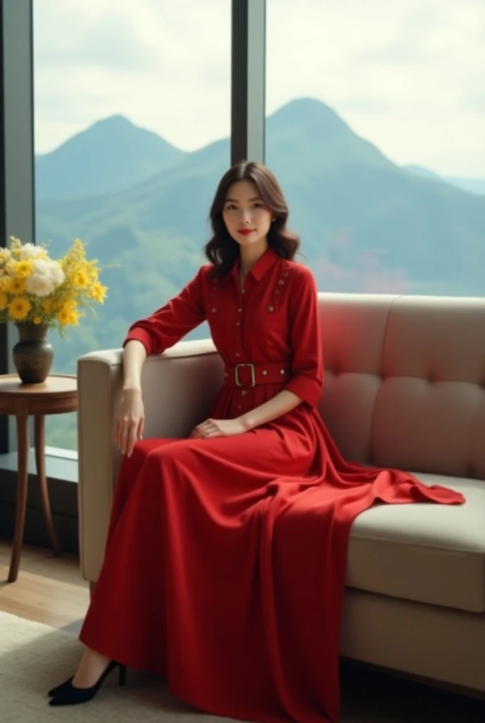 a woman sat on the sofa with a sweet smile, wearing a long red dress. The dress has a button design on the front, collar, and sleeves that are rolled up to the elbow. There is also a belt made from the same material as the dress, providing an accent at the...