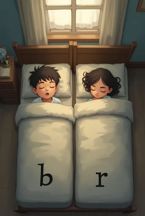 There is a bed on which a boy and a girl are sleeping and there are two beds on which the letter B is written on the boys bed and R is written on the girls bed.