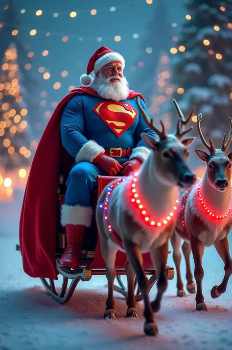 Santa Claus wearing a superhero outfit inspired by Superman, featuring a blue and red suit with an S logo on his chest, and a flowing red cape. He is riding a Santa sleigh pulled by reindeer. The reindeer are dressed in costumes matching Santas theme, ador...