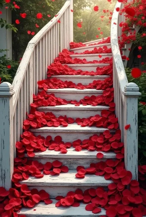 Picture with old white staircase covered in red rose petals, spring 