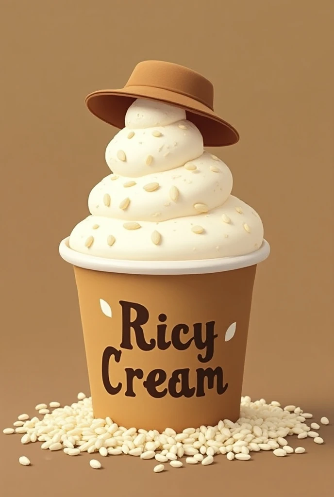 A rice-based ice cream business logo with a product name "Ricy Cream". With an image of white Ice Cream in a cup with rice grain toppings and a farmers hat. Make Sure to include the  product name with clear writing. You can put the Farmers hat on top of th...