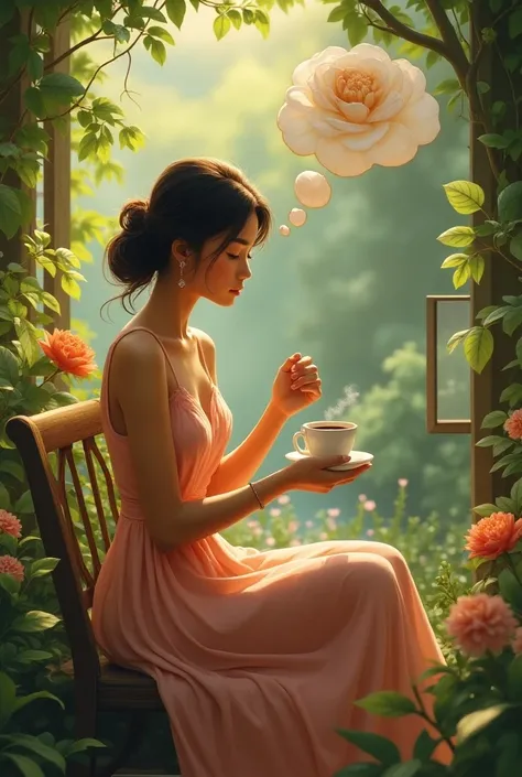 A mother is taking a lot of thinking about how she would be able to surprise her daughter for her 18th birthday. A mother is having coffee while thinking in the garden, put a bubble in mind and planning about the birthday. The mom ks wearing a flowy dress
