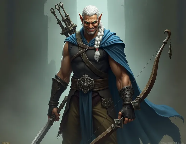 Elf male character ,  tall and muscular with a sadistic smile .  Long, tied white hair with braid, blue and green eyes.  Blue and black clothes with brown pants .  Using a bow and sword as a weapon .