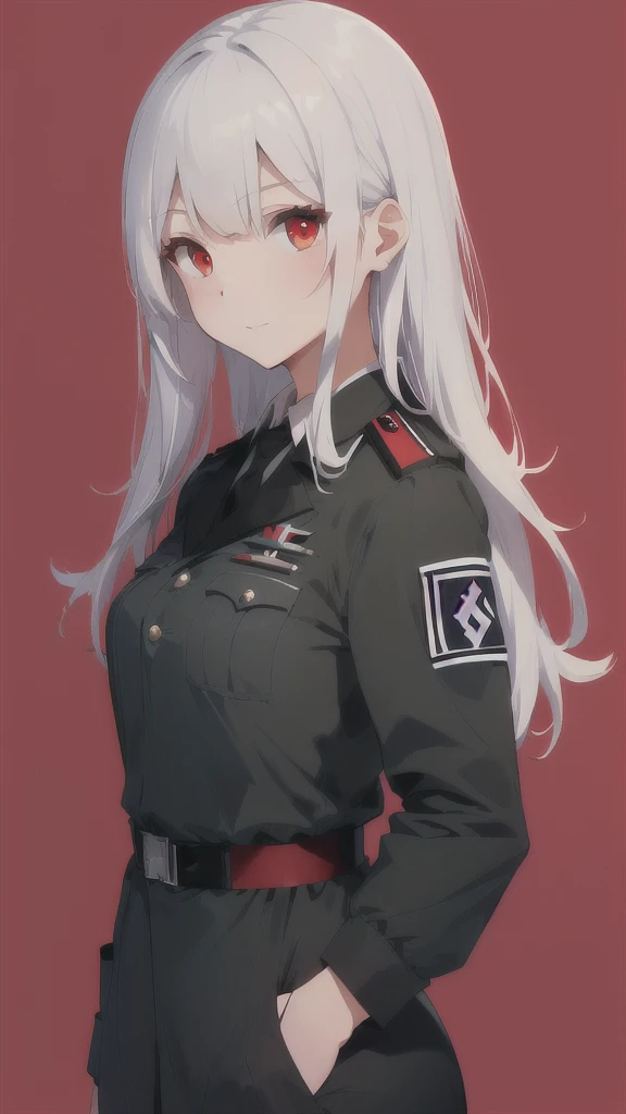 Adult-style height increase , Nazi military kit ww2 , Red eyes , White hair 