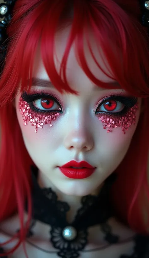 Close-up of the face of a Japanese woman disguised as a vampire. Her eyes and hair are red. Her hair is tied at the top, exposing her nape. She is wearing a hair accessory. Her skin is pale, her lips are bright red, and she has rare and dreamy pink sequin ...