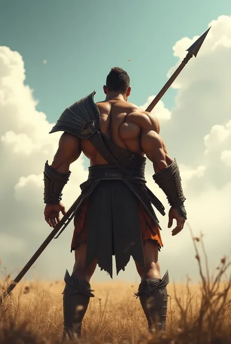 "A powerful warrior stands with his back turned, showcasing his strong physique and armor. Beside him, a spear flies through the air, symbolizing action and tension. The background is an open battlefield, with a dynamic sky filled with clouds and an aura o...