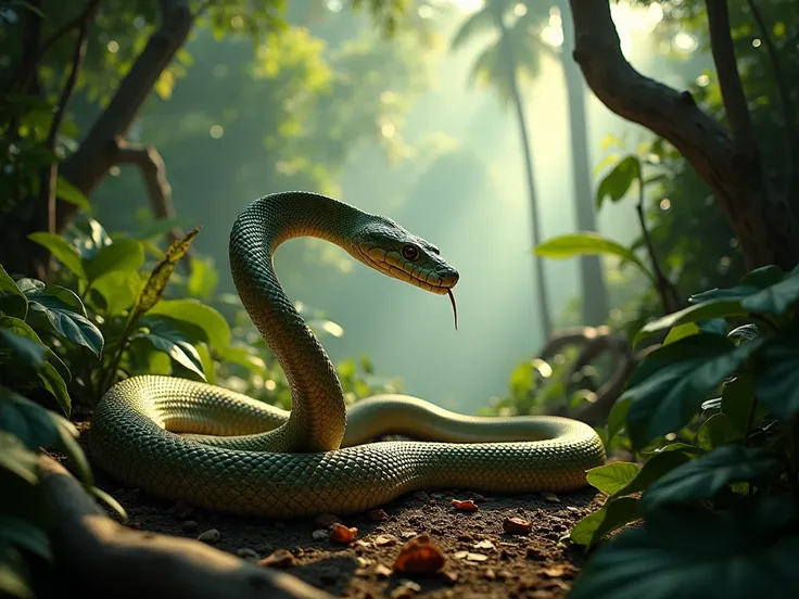 "A large, majestic snake slithers through a dense, tropical jungle. Its long, scaled body glistens under the dappled sunlight breaking through the tree canopy. The snake moves gracefully over the uneven ground, navigating through thick vines and lush folia...