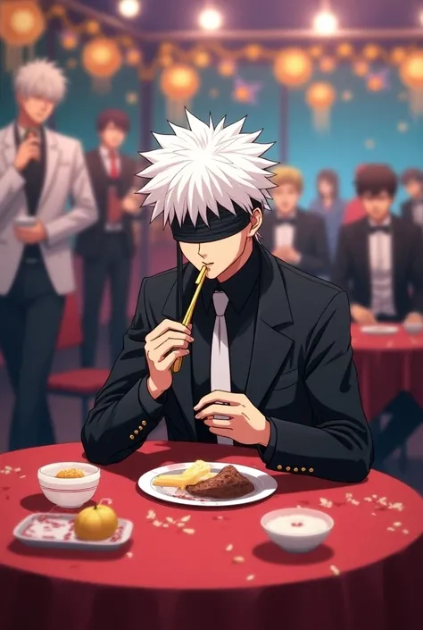 Animation,  satoru gojo from jujutsu kaisen,  satoru is sitting around a table at a prom eating, rare view, 