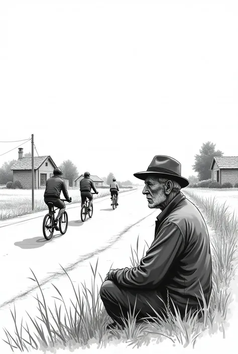 "A black-and-white illustration of a bustling village scene where an elderly man sits by the road watching cyclists pass by. The village homes and fields create a timeless rural setting."