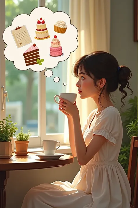 A mother is taking a lot of thinking about how she would be able to surprise her daughter for her 18th birthday. A mother is having coffee while thinking, put a bubble in mind and planning about the birthday.  Wearin a flowy dress
