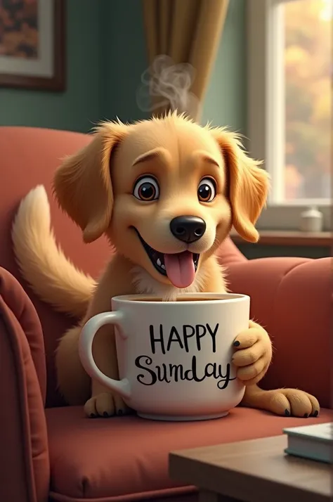 A dog, The coffee drinks .  The mug says Happy Sunday