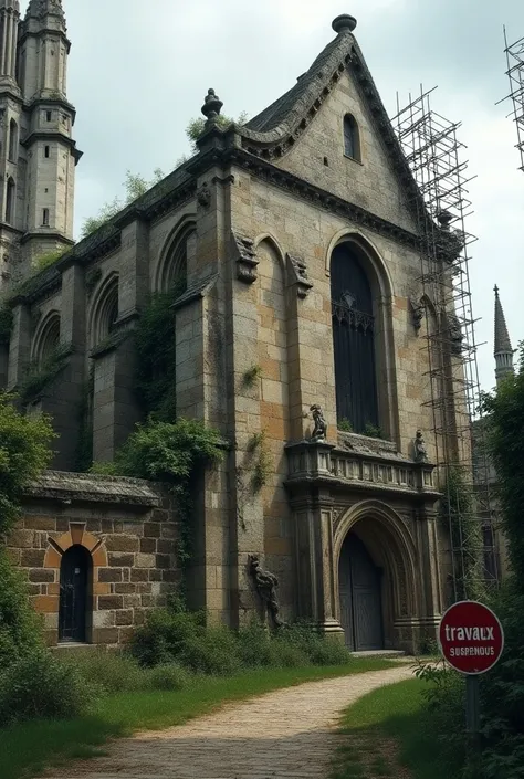 Photograph of an ancient French cathedral, partially in ruins. The structure is surrounded by scaffolding, indicating ongoing but stalled restoration efforts. The stone façade shows clear signs of decay—cracked walls, missing sculptures, and overgrown vege...