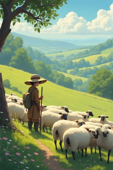 ren tending sheep on the hill 