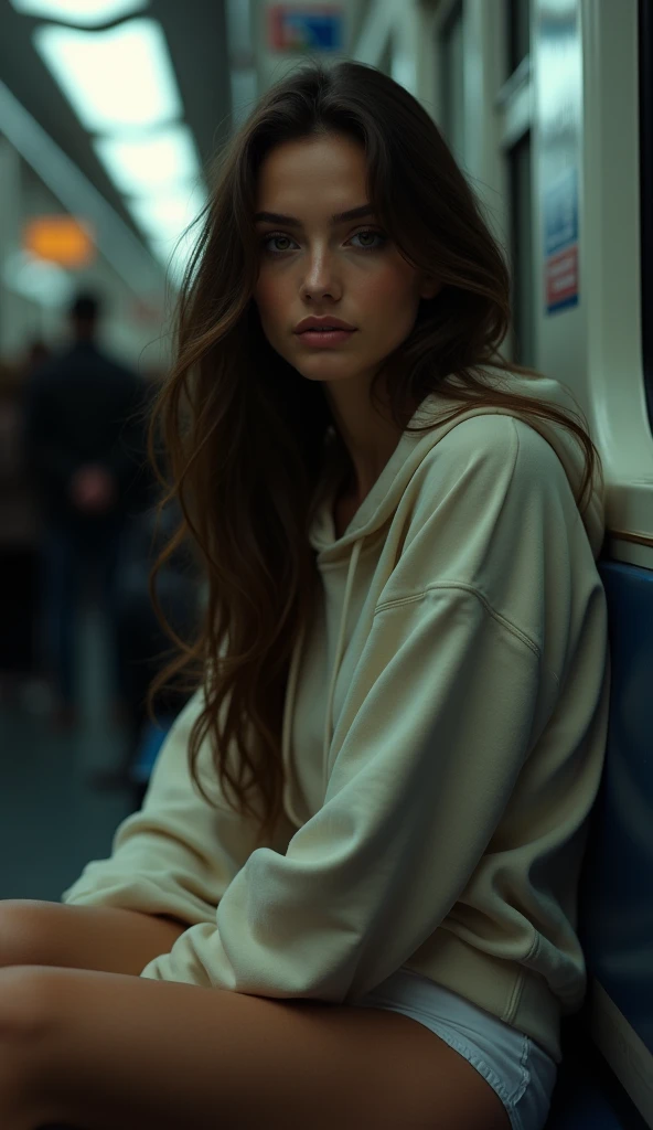 highres, masterpiece, Perfect lighting, bloom, Night,  cinematic lighting , Adult, perfect skin, female, (looks into the camera:1.4), realistic skin, eyeliner, realistic, (photorealistic), supermodel,  oversized hoodies, big ass, long hair, Shoes, white pa...