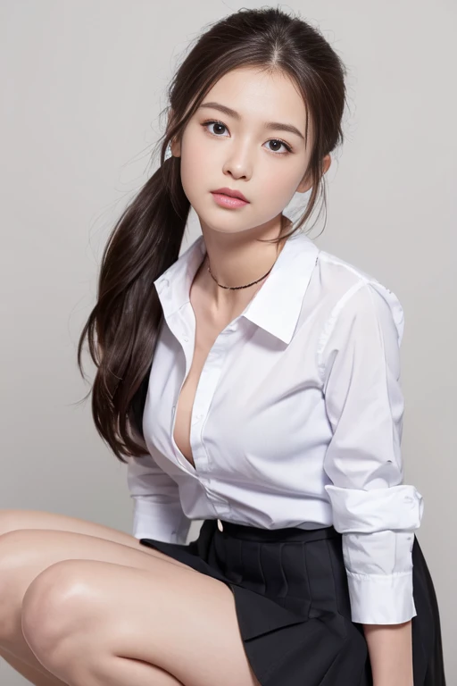 (Best Quality)), ((masterpiece)), (detailed), Natural Light， Perfect Anatomy，(((Cute school girl， white open collar shirt 1 {x} wearing a white open collar shirt and black skirt 1.8))), very sexy ，A young woman with a baby face，Small breasts，とてもSmall breas...