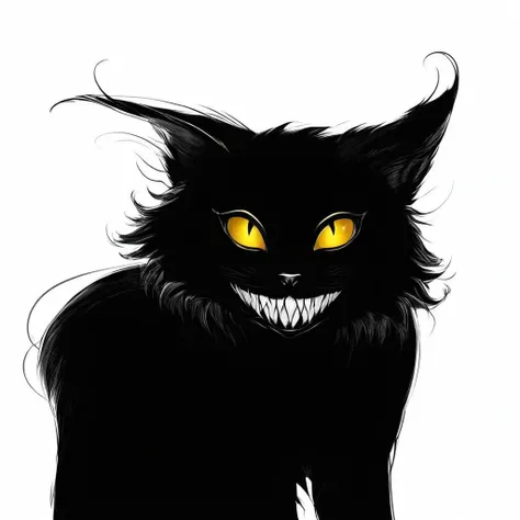 Close up of a black cat with yellow eyes sitting on a white surface, Devil Cat, Laugh creepily, Vampire Cat, Cat Dark God, Glowing yellow eyes, wide Wicked Smile, Cheshire Cat, Cat in human form,  Illustration of a cat , Catman, Cat from the void, Wicked S...