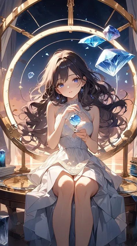 One Girl、a calm look、Deep Eyes、 Long Wavy Hair 、Elegant dress、Sitting on a fortune wheel 、Medium Breast、Crystal in hand、  
   break、  
   Twilight、(Soft Light:1.2)、pale hue、Gentle Shadow、 Mysterious Atmosphere 、  
   break、  
   Old Study、 floating magic t...