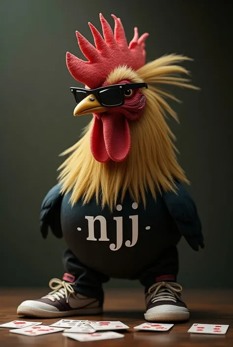  Image of a rooster wearing Nike , dark glasses and long hair ,  sports shoes with the letters NJJ ON THE CHEST and playing cards in an extended sla