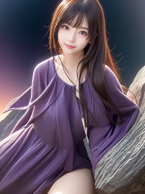 photo-realistic quality、a japanese model in a purple dress is sitting on a rock, anime girl cosplay, anime cosplay,  genshin imp...