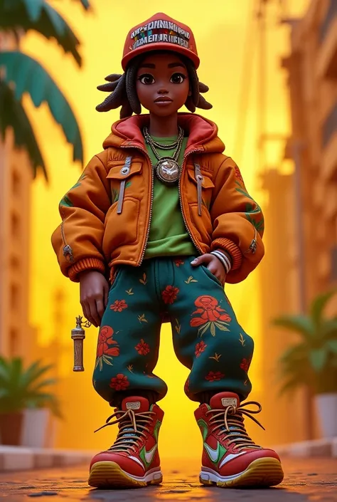 African male 3d character with a huge love for bhang, can rap, is an artist , born in the 90s , dresses in a blend of urban street wear and traditional African styles . Gold teeth . Different render angles . Illustration (Resembling Paul Smith Mochi) shot ...