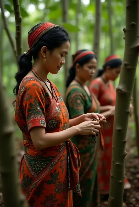 Close-up, Beautiful traditional village women in Java, Indonesia are tending rubber trees in the forest