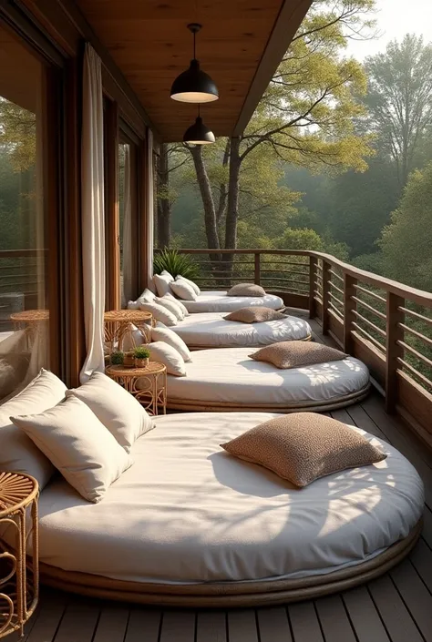 wide balcony where there are four outdoor Nordic round beds and rattan tables. wooden railing