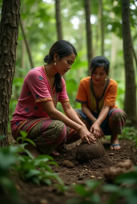 Close-up, Beautiful traditional village women in Java, Indonesia are tending rubber trees in the forest