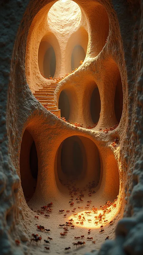 a highly detailed and intricate cross-section of an anthill, showing the complex network of underground tunnels and chambers where ants live and work, hyper-realistic, extremely detailed, cinematic lighting, 8k, photorealistic, masterpiece, stunning colors...