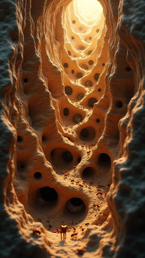 a highly detailed and intricate cross-section of an anthill, showing the complex network of underground tunnels and chambers where ants live and work, hyper-realistic, extremely detailed, cinematic lighting, 8k, photorealistic, masterpiece, stunning colors...