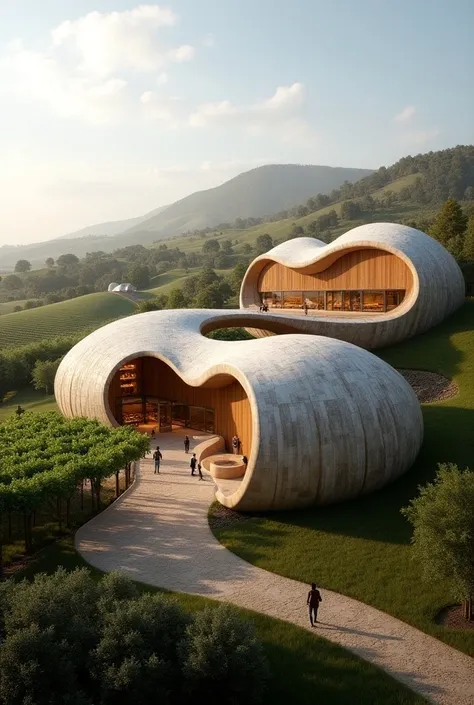 Architectural idea for a wine research center inspired by large barrels and the Sydney Opera
