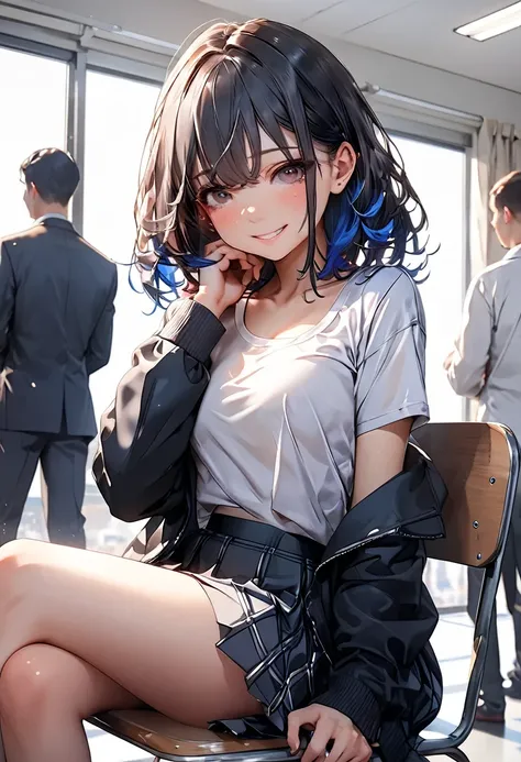 One beautiful girl、Captivating smile、(黒色と桃色のmulticolor hair、)、 medium hair with bra off、 Detailed Brown Eyes 、Captivating thighs、clavicle、Be proud、uniform、A worn out shirt、Black jacket、skirt、classroom、Sit on a chair、Gal、(Best Quality:1.4), (masterpiece:1.4...