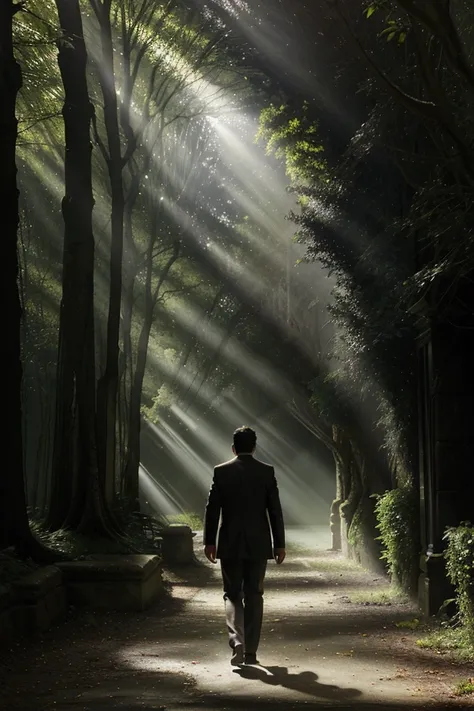 The man walks through a shadowy path, reflecting on life, with rays of sunlight breaking through the thick canopy