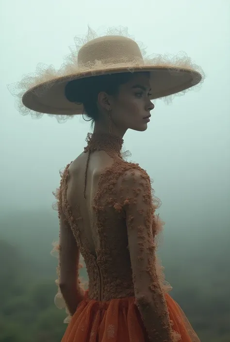 A high fashion editorial set in a foggy backdrop for Vogue, focusing on fanciful cenote hats and massive, futuristic haute couture outfits. The makeup is minimalist with a seventies vibe to highlight the couture pieces. Use a Pentax K1000 and style the sho...