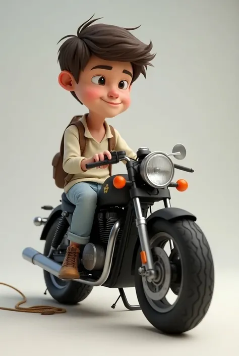 3D caricature drawing of young man sitting on a motorcycle while rubbing the front again casually dressed in plain clothes 